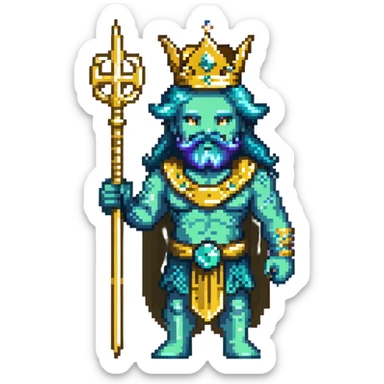 Neptune god of the sea wielding golden trident, blue-green skin, wearing crown sticker