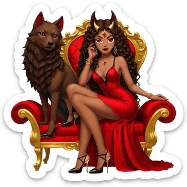 Lilith symbol seductress evil brown curly long hair haired, sexy succubus woman with red and black Chanel dress on. Amred and black stiletto platform high heel shoes on. sitting on a Black and gold throne. A large black wolf laying beside her sticker