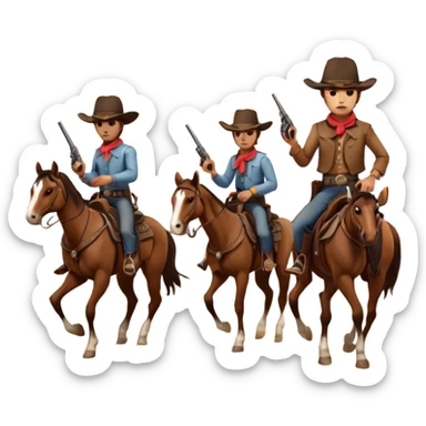 Icon for Western: A dramatic scene with cowboys on horseback, a dusty desert landscape, a setting sun. Include a classic cowboy hat, revolvers and an old wooden saloon in the background. capture the essence of the Wild West with rugged and adventurous details. Transparent background. sticker