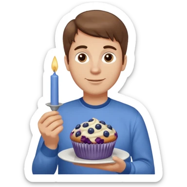 Make a white man with brown hair wearing a shirt that says happy b day Virginia holding a blueberry muffin with a birthday candle in it. Have him holding multiple muffins and no candles in hand sticker