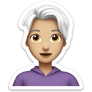 a girl with long white hair with bangs, brown eyes, wearing a purple sweatshirt and white heatsets sticker