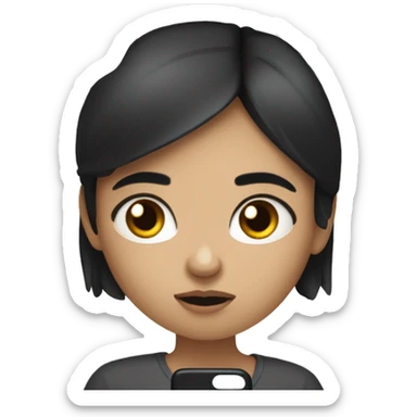 A girl with white skin and dark hair, with a sad face, holding her phone in her hand and typing a message, a message cloud on the side of it sticker