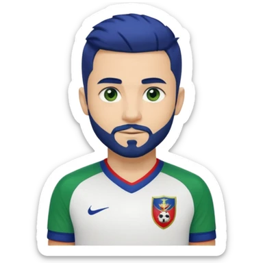 Emoji-style head and upper body of a soccer player with light skin, dark blue hair with green tips, short beard, blue left eye and green right eye, wearing a white jersey with black and red details and a red captain armband. White background.  sticker