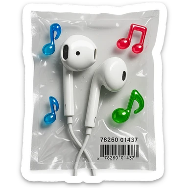white EarPods headphones with three distinct colorful glassy music notes floating nearby, shiny and inflated sticker