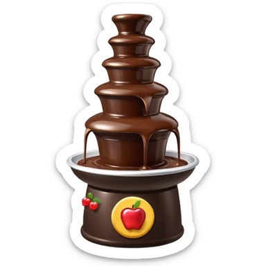 3D render of Chocolate Fountain, made entirely of dessert materials, glistening sugar crystal texture, flowing liquid dark brown chocolate, delicious confectionery aesthetic, Apple emoji style, isolated on white background --v 6.0. sticker