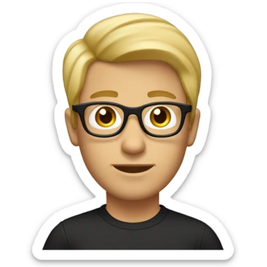 guy, white black shirt, square glasses, brown eyes, blond hair below the ears, “curtains” hairstyle. sticker