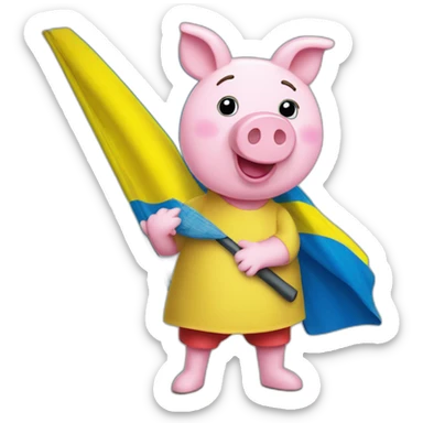 Pepa pig holds a Ukrainian flag sticker