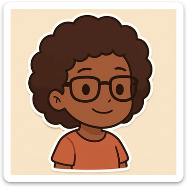 Transform the character into a girl with afro hair, dark skin, brown hair, and glasses, maintaining the friendly cartoon style of chibi stickers. sticker