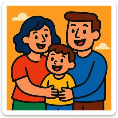 cartoon style small family, two parents and one child, cheerful, simple background sticker