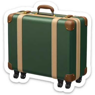 dark green suitcase on wheels with handle and light beige inserts, emoji style sticker
