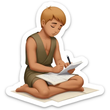 Person on knees writing "Dear God" letter with pleading expression sticker