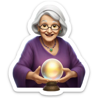 Wise Old Lady Fortune teller with crystal ball looking into the camera smiling sticker