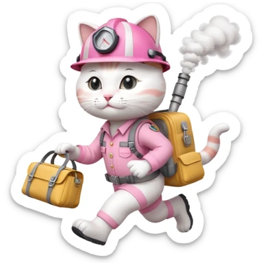 A cute white and pink cat dressed as engineer with a white helmet running very fast carrying her cute bag Leaving a trail of smoke under her feets fast blurry feets sticker