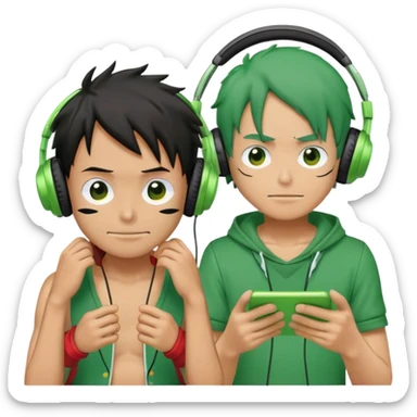 Green Luffy and green Alastor wearing headphones listening to music together sticker
