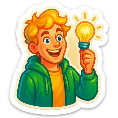 bright and expressive male visionary, fair skin, tousled golden hair, wide joyful eyes, wearing a green hoodie over a yellow tee, one hand raised with a glowing lightbulb, waist-up, front-facing sticker