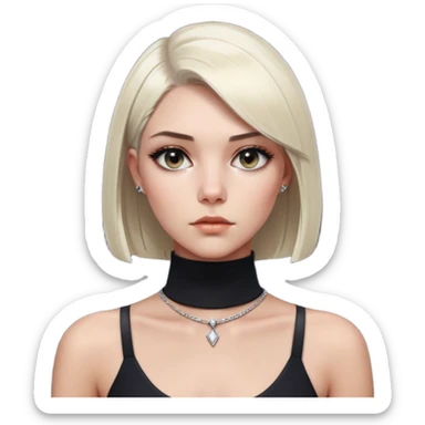 A close-up of a woman with sleek, platinum blonde hair, styled in a blunt bob. She’s wearing a high-neck black dress with minimal jewelry, and her gaze is intense and mysterious, with a dark, blurred background that enhances the dramatic mood sticker