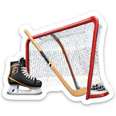 An icon showing a close-up of a hockey stick, puck, skates, and hockey net placed on the ice. The background features a packed stadium with bright lights, cheering fans, and snowy scenery outside. Transparent background highlights the key elements of the game. sticker