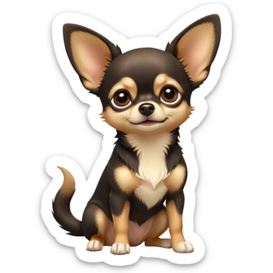 cinematic-[chihuahua dog]-realistic-full-body-sitting-emoji,-tail-resting-loosely-beside-its-paws,-head-tilted-dramatically,-sleek-[black and tan]-fur,-simplified-yet-realistic-focused-features,-highly-detailed,-glowing-with-an-almost-sarcastic-glow sticker