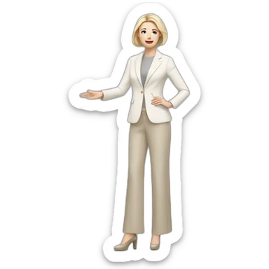 Full height Actively gesturing with hands pale skin woman with ash blonde Straightened bob Hair, White Spacious classical jacket, beige palazzo Arrow pants and gray blouse sticker