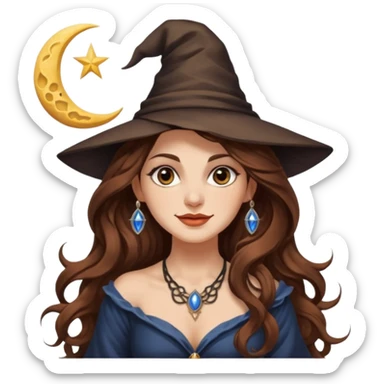 moon witch woman long wavy brown hair tattoos shoulder glance smirk sticker