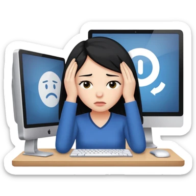 A girl is in front of a computer and is holding her head.The one with black hair sticker