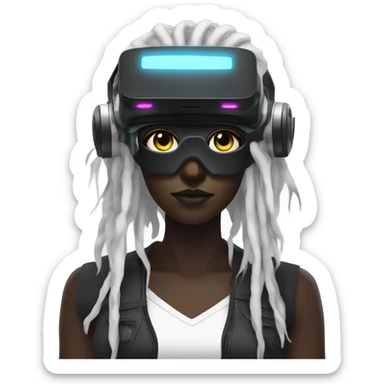 cyberpunk woman, black skin, white dreadlocks, wearing RGB vr headset, eyes covered, bright colours sticker