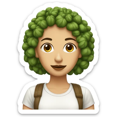 mujer blanca con rulos cortos marrones, ojos marrones con remera con una chala de cannabis sticker