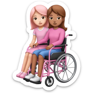 One peach skin sister pushing her light brown skin sister in a pink wheelchair sticker