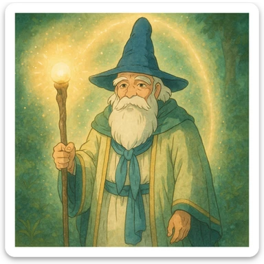 legendary mentor, elegant robe and magical staff, surrounded by light, ghibli style sticker