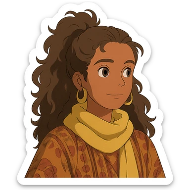 bohemian style girl with brown skin, long brown curly hair tied high, wearing a lemon yellow scarf and round earrings sticker