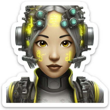 Neon yellow bobbed hair Asian female cyborg head with silver steampunk goggles and circuits sticker