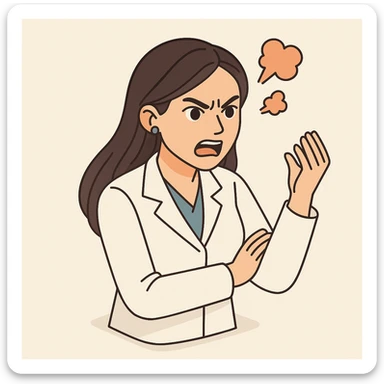 A 2D isometric style illustration of a female doctor with dark long straight hair and detailed brown eyes (not just dots), wearing a white coat, on a minimalist background. She is angry, with expressive pose and emotion, matching the appearance of the second previous variant. sticker