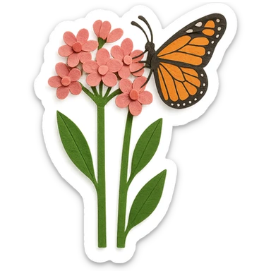 milkweed with monarch butterfly, layered paper details, tall green stems, pink flowers, butterfly perched on a blossom sticker