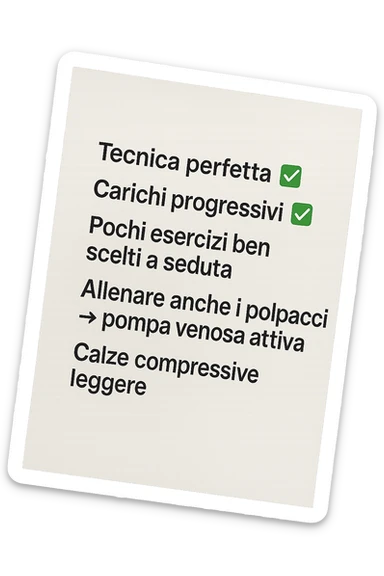 FOGLIO DI CARTA PER L'ALLENAMENTO IN PALESTRA CON LA SCRITTA "Tecnica perfetta
 ✅ Carichi progressivi
 ✅ Pochi esercizi ben scelti a seduta
 ✅ Allenare anche i polpacci → pompa venosa attiva
 ✅ Calze compressive leggere" , IPERREALISTICA 4K sticker