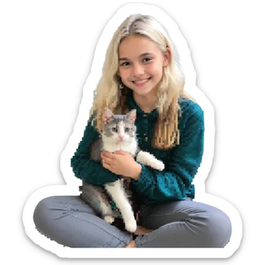 Remix using this girl as the character, petting a gray and blonde mixed cat in pixel art style. The girl is smiling with the cat on her lap. sticker
