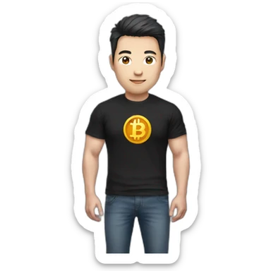 Chinese man with black t-shirt, add Bitcoin logo on His T-shirt, Make the emoji half body sticker
