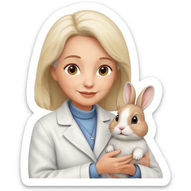 Older female vet – gentle smile, coat, checking rabbit  sticker