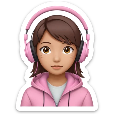 a japanese girl with brown layered cut hair. she has dark brown eyes, and has a cute super light pink gaming headphones sticker