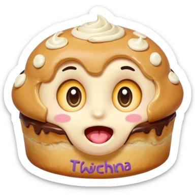 Funny cartoon mini  chochklet pastry, slightly messy and squished, big round eyes, wide open mouth, playful surprised expression, text above: "ПАСТИЧКА", chibi style, Twitch emoji style, transparent background, colorful

 sticker