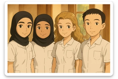 Four nursing students side by side in a warm indoor ambiance with natural light, wearing white short-sleeved uniforms with V-neck collar, no collar at the neck, no undershirts, left chest pocket, in Ghibli style. sticker