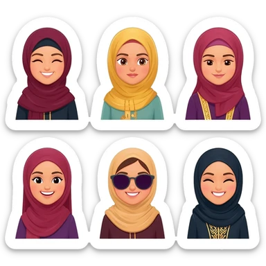 smiling face, cute face, luxury face & loving face, laughing face, beauty face, sunglass face generates 7 different emoji wearing Abhaya with hijab and different looking arabic ladies sticker