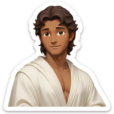 Cinematic Realistic Hercules Portrait, head tilted playfully and inquisitively, showcasing a charming blend of Disney heroic charisma and the refined grace of Michelangelo's David. His sun-kissed bronze skin and thick, wavy dark hair are rendered with classical precision, complementing a warm, inviting smile and sparkling, mischievous eyes. Clad in a softly draped white robe with subtle golden details, he exudes approachable strength under gentle, natural lighting. sticker