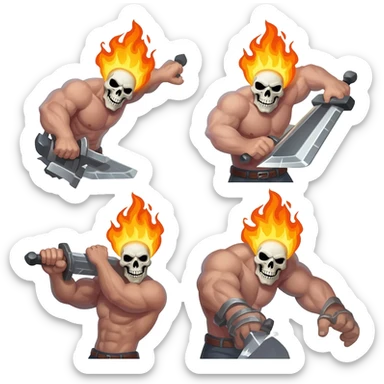 A 4 stage sprite sheet of a man with a burning skull head, show the 4 stages of him attacking with his large sword, shirtless sticker