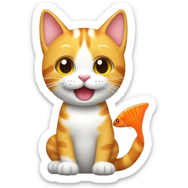 happy cat holding a fish it just caught sticker