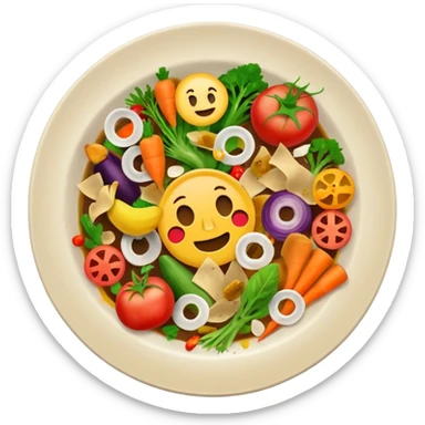 dirty plate after eating, food scraps and vegetable leftovers, no face, emoji style sticker