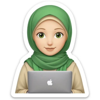 blond women skine , with green eyes , with scarf hijab , hid the hair, with macbook sticker
