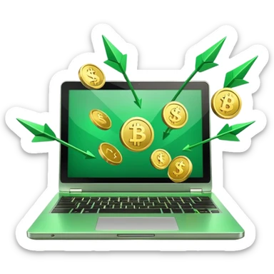 3D laptop icon with gold coins flying out of screen, green color (#0B3D2C), gold accents (#C9B037), upward arrows, glossy modern style, transparent background sticker