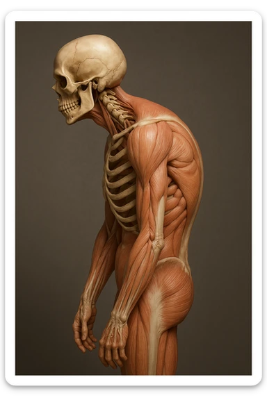 corpo UMANO ANATOMICO di profilo con spalle chiuse in avanti, postura errata, iperrealistico 4k sticker