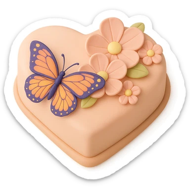 Add a colorful butterfly to the heart-shaped fondant cake with pink flowers, fondant cake art style, keep transparent background. sticker