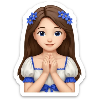 Generate a girl with her eyes closed and smiling and Boht her hands under the chin, palms facing upwards. She should be wearing a white dress with cobalt blue flowers on the dress and puffed sleeves. She has ling straight hair. Only her face and chest is visible. sticker